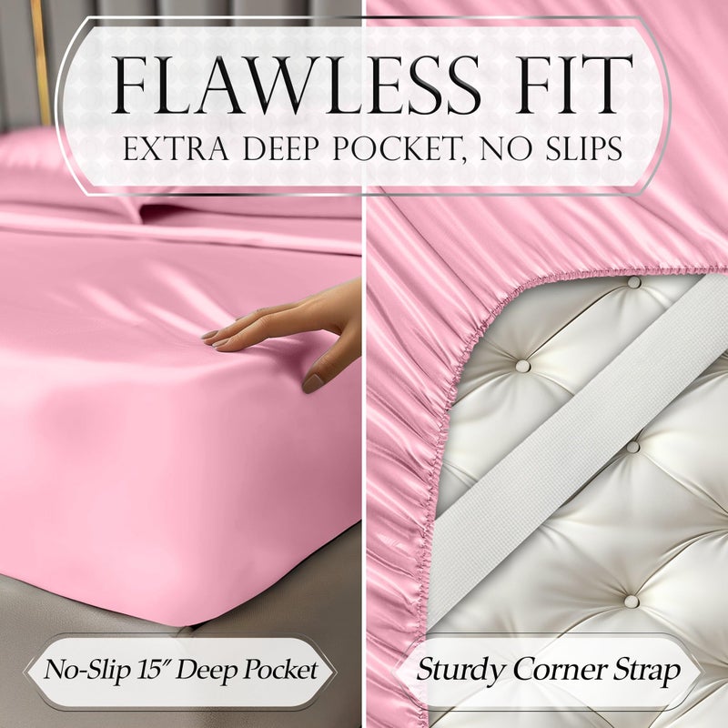 DECOLURE Satin Bed Sheets - 4 Piece Luxury Silky Full Size Bedding Set - Softer Than Silk, Wrinkle-Free with 15â€ Deep Pocket Fitted Sheet, Perfect for Hair & Skin, Gifts for Women (Pink) - Image 5